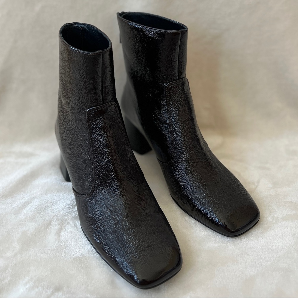 NEW Sandro Size 38 Womens 8 Glossed Patent Leather Deep Brown Ankle Boots - Picture 5 of 8